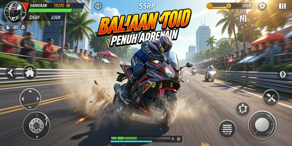 Screenshot gameplay balapan motor yang mendebarkan di 55RP.