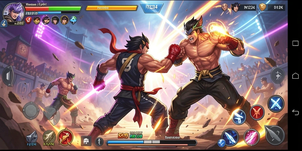 Tampilan gameplay IN1234 yang menampilkan pertarungan seru dan karakter menarik.