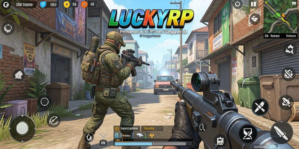 Screenshot utama LUCKYRP menampilkan pertempuran dramatis dalam gameplay TPS.