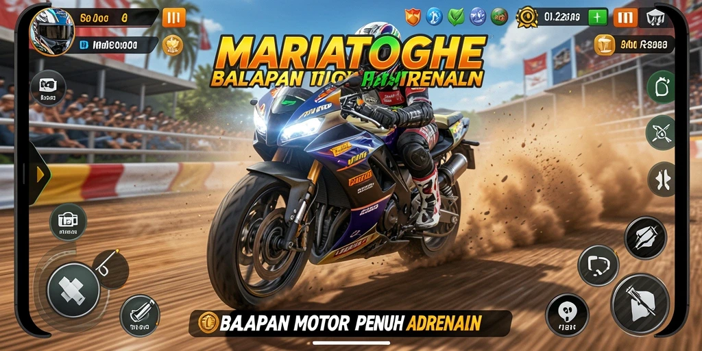 Gameplay seru MARIATOGEL dengan balapan motor mendebarkan.