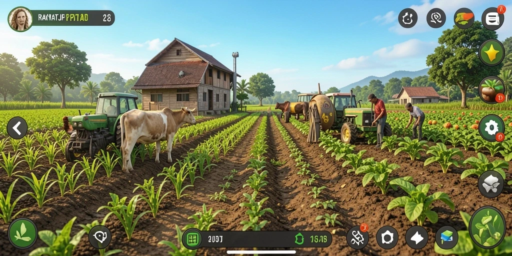 Screenshot RAKYATJP menunjukkan gameplay seru bertani di ladang.
