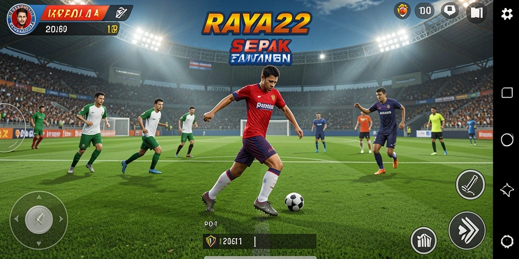 Tampilan gameplay RAYA22 dengan aksi sepak bola intens.